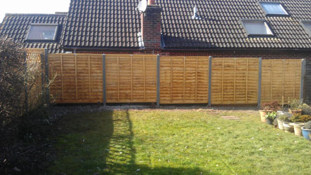 Feather edge panels on concrete posts with gravel boards across the back of a lawn