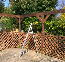 A timber pergola with lattice trellis panels around a patio